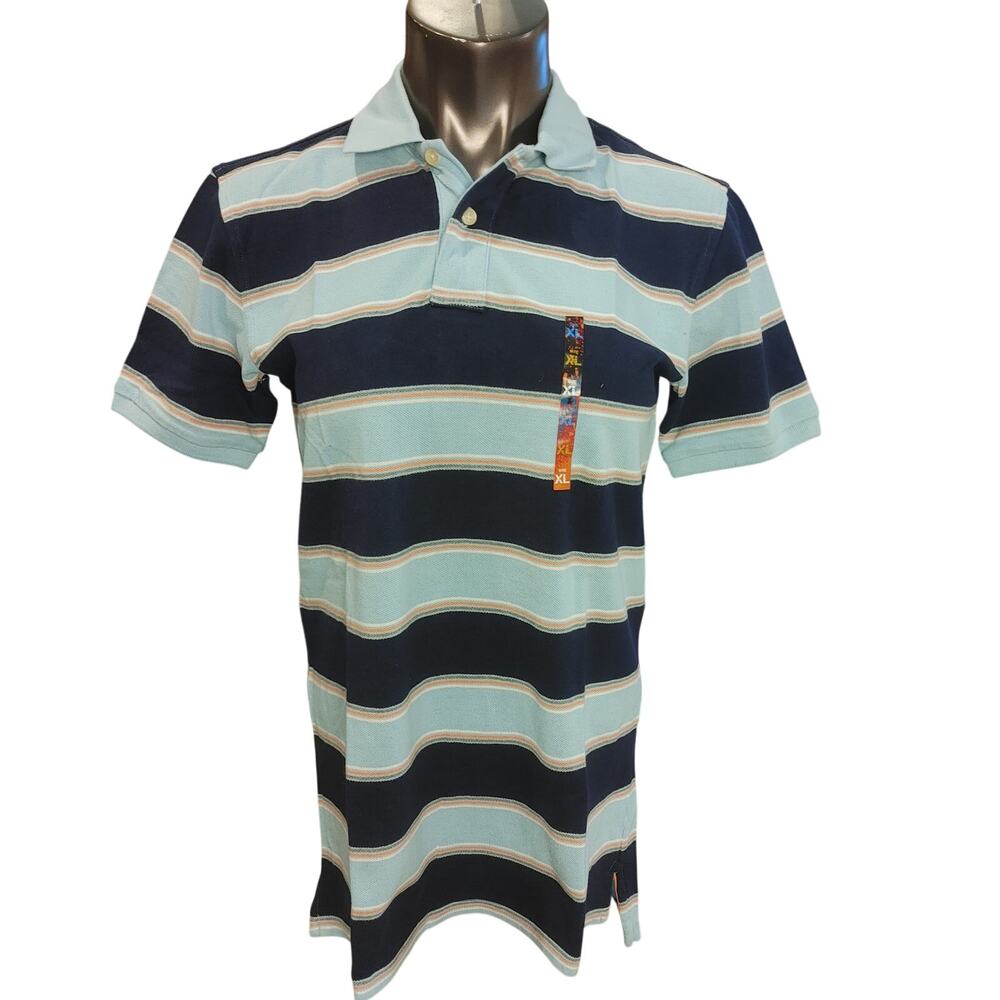 82 Zero Men's XL Blue/Stripe 3/4 Bttn Polo Short Sleeve Tee